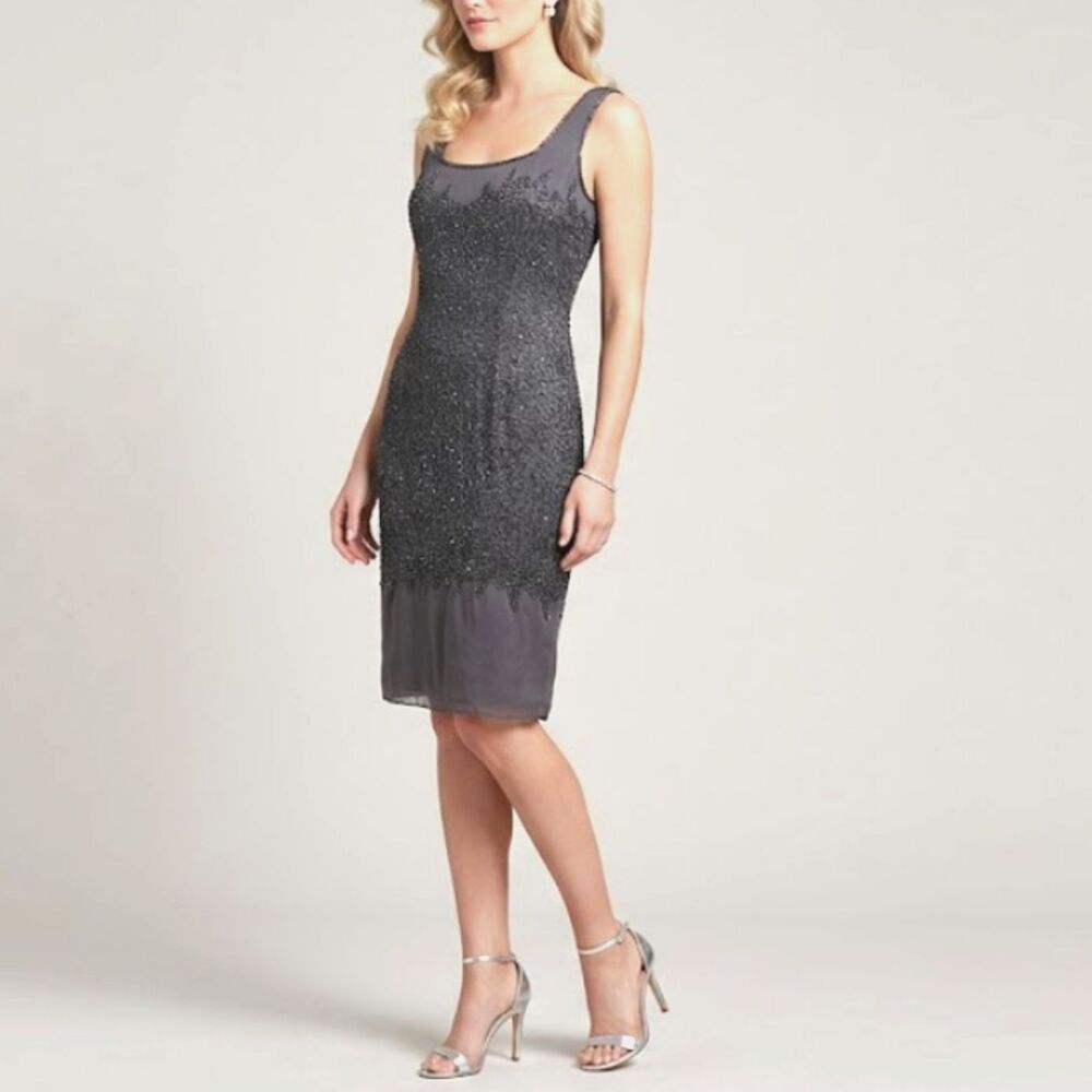 Vintage Bieff Basix Silk Beaded Slip Dress 10 Gray Mother Cocktail Formal Gala